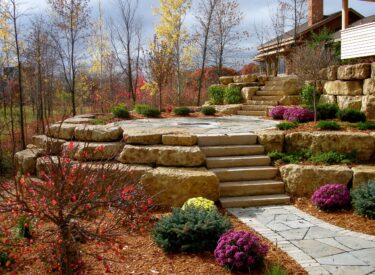 Boulder retaining wall natural stone fireplace