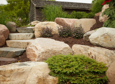 Natural stone steps, boulders and plants